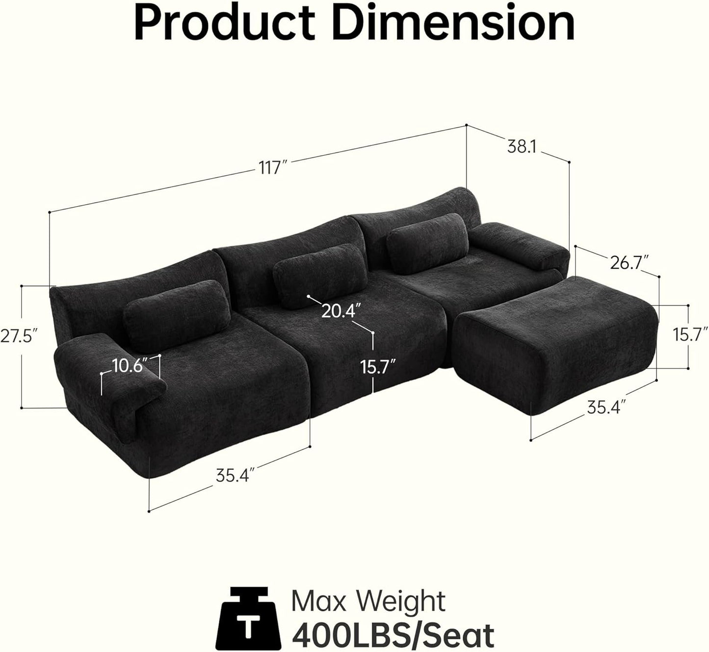 117”L Shaped Modern Sofa Modular Sectional Cloud Couch with Ottoman