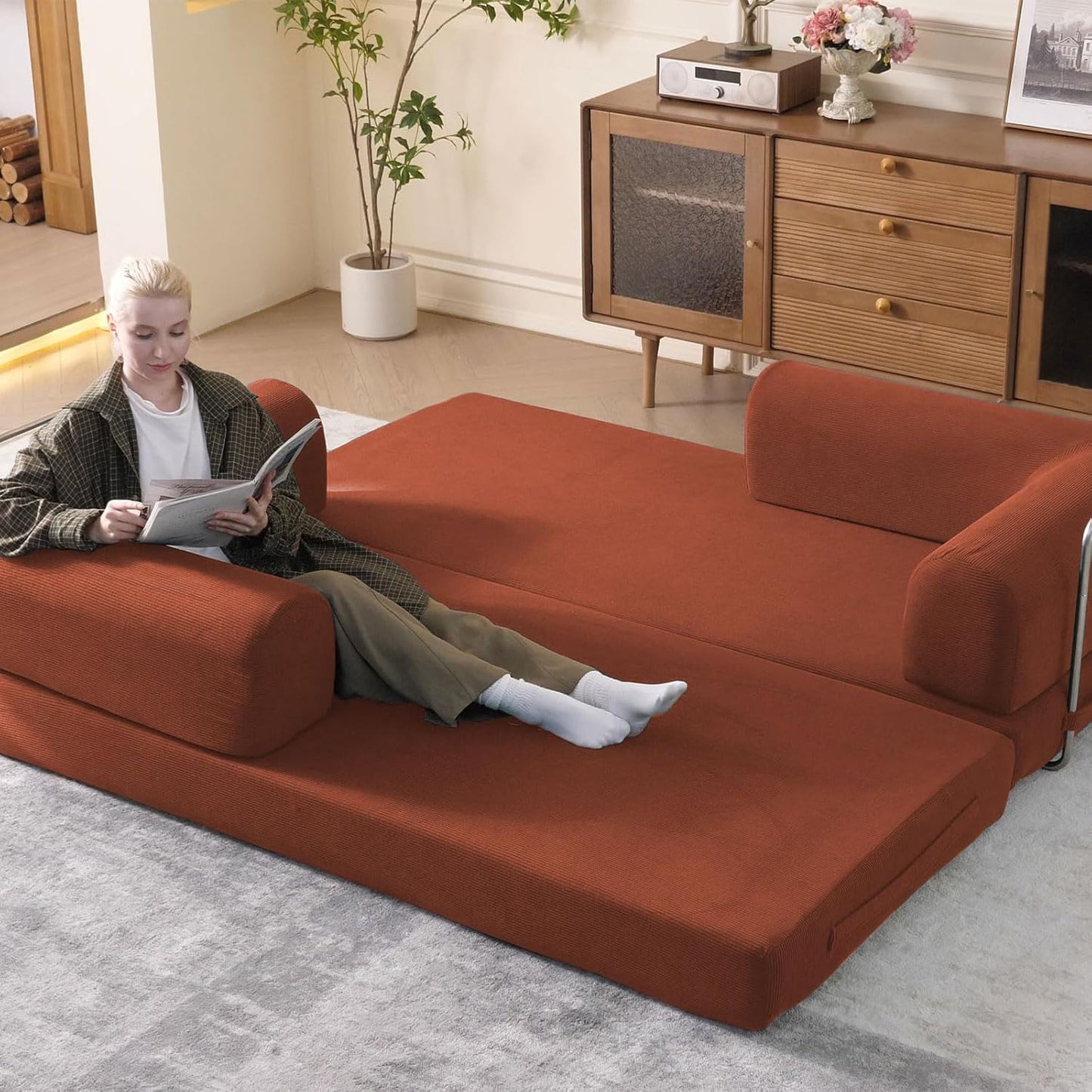 79" Convertible Sleeper Sofa Bed with Cylindrical Pillow