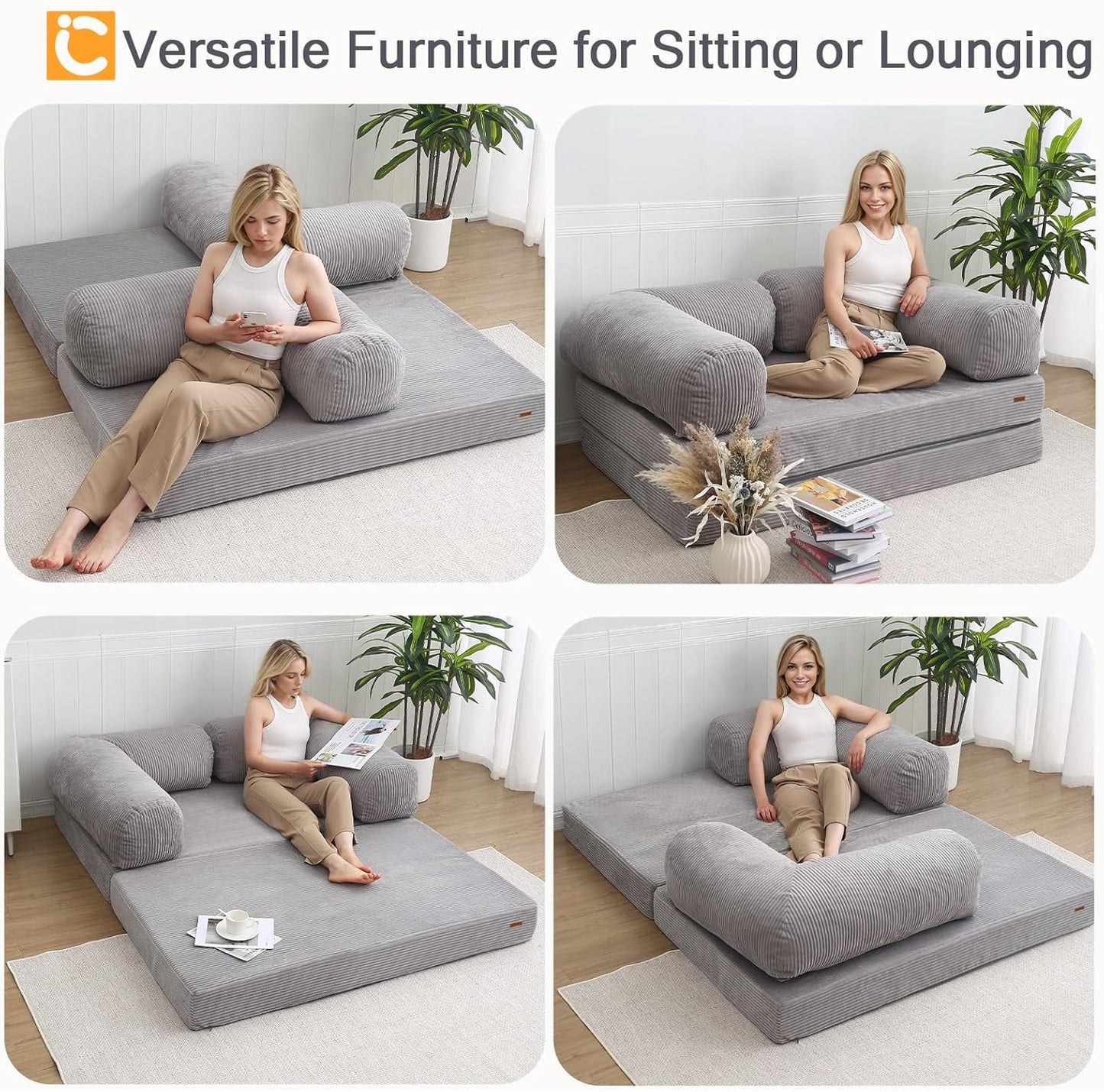 Folding Sofa Bed Queen, 4-in-1 Foldable Floor Couch Convertible Futon Sofa