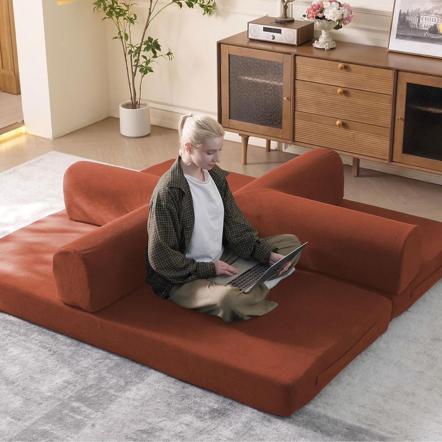 79" Convertible Sleeper Sofa Bed with Cylindrical Pillow