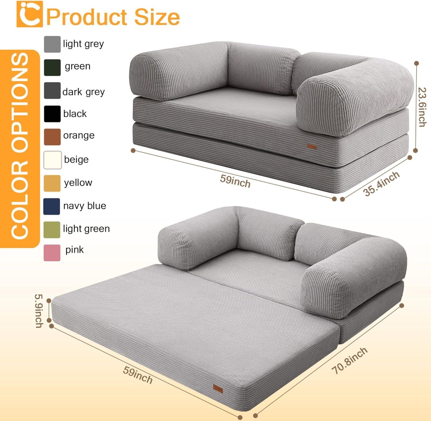 Folding Sofa Bed Queen, 4-in-1 Foldable Floor Couch Convertible Futon Sofa