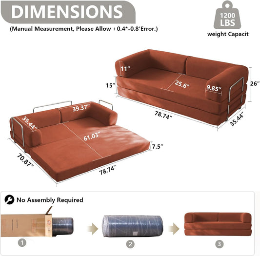 79" Convertible Sleeper Sofa Bed with Cylindrical Pillow